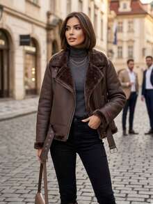 Plush-Lined Jacket With Zipper, Warm Faux Leather Aviator Jacket, Winter 2026, Stylish Fur Coat. - 棕色 - 查看 2