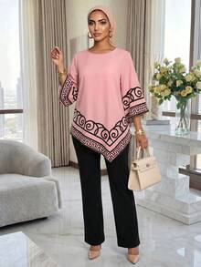 SHEIN Lady Áo cánh rộng cổ tròn tay loe 3/4 họa tiết hình học viền bất đối xứng dành cho nữ - Nhiều màu - Xem 3