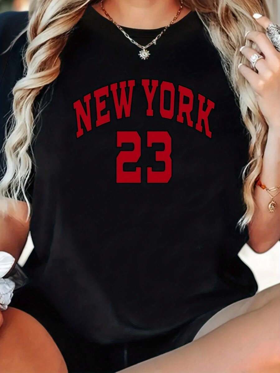 Camiseta de Jersey de baloncesto de NYC de mujer - Nueva York 23 camiseta gráfica en color negro/rojo - relajado cuello redondo uste camisetara s, tres informales y ropa informal - todo el tiempo Top, s Fan Ropa, y estética, cuello con costillas