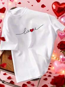 Camiseta corta Sve de las mujeres del día de San Valentín, impresión de amor minimalista del día de San Valentín, elementos festivos - simplicidad elegante, Gif, tops de cuello de la tripulación cotidianos - transpirable, ligero y cómodo para armarios de primavera / verano - Blanco - Ver 2
