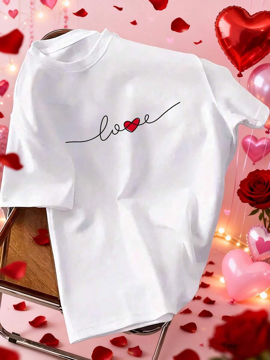 Camiseta corta Sve de las mujeres del día de San Valentín, impresión de amor minimalista del día de San Valentín, elementos festivos - simplicidad elegante, Gif, tops de cuello de la tripulación cotidianos - transpirable, ligero y cómodo para armarios de primavera / verano