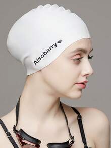 1 pieza Gorro de natación de silicona con estampado de cisne de dibujos animados, talla grande, alta elasticidad, protección de oídos, adecuado para cabello largo, gorro de natación impermeable para mujeres - Blanco - Ver 2
