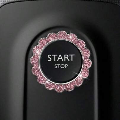 Bling Flower Car Engine Start Stop Decoration Ring Crystal Rhinestone Auto Push To Start Button Trim Cover Sticker Vehicle Interior Key Ignition Knob Accessories Pink