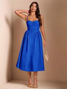 Elegante vestido largo sin mangas con manga abultada para mujer, adecuado para citas diarias, salidas, discotecas, fiestas, temporada de otoño - azul real - Ver 6