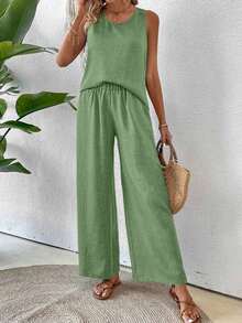 Conjunto de top sin mangas y pantalones de pierna ancha con parte posterior de malla de encaje para mujer, color albaricoque, para primavera/verano - Verde - Ver 7