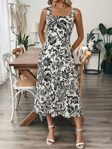Vestido midi casual de mujer con estampado floral, adecuado para vacaciones de verano - Albaricoque - Ver 6