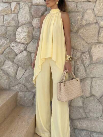 2pcs Women's New Design Solid Color Chiffon Set, Irregular Hem Short Front Long Back Sleeveless Top + Straight Leg Pants Set, Business Casual, Girlfriend Gathering, Various Parties, Street & Airport Wear