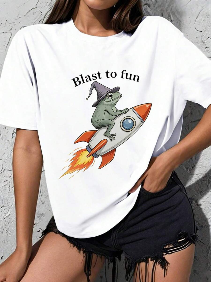 1pc Women's Winter Clothes - Loose Fit, Witch Frog Rocket 'Blast For Fun' Halloween Tee For Teens, Short Crew Neck, Casual And Fashionable Top, Funny Graphic, Fancy Party Outfit, Day Gift, Daily Wear, Loungewear - 白色 - 查看 1