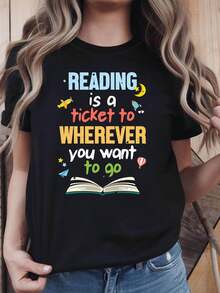 La lectura es un boleto a cualquier lugar libro diseño de avión imprimir camiseta | Camiseta casual de manga corta de cuello tripulación de primavera-verano de las mujeres, ocio diario, regalo de vacaciones - Negro - Ver 2