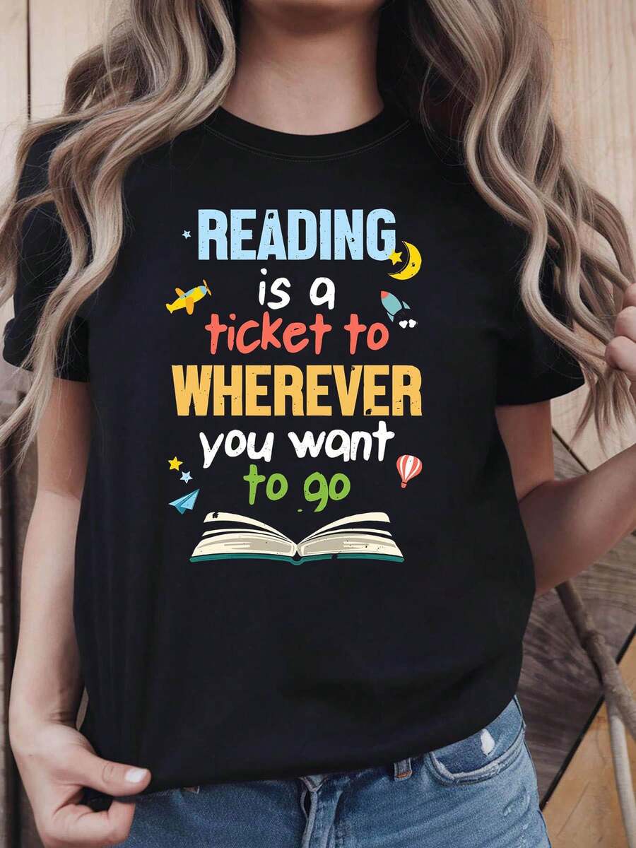 La lectura es un boleto a cualquier lugar libro diseño de avión imprimir camiseta | Camiseta casual de manga corta de cuello tripulación de primavera-verano de las mujeres, ocio diario, regalo de vacaciones