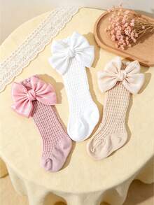 3 Pairs Baby Girls' Sweet Cute Bow Decor Breathable Mesh Anti-Mosquito High Socks, Cotton Material, Suitable For Girls Daily Wear In Spring And Summer - Multicolor - View 4