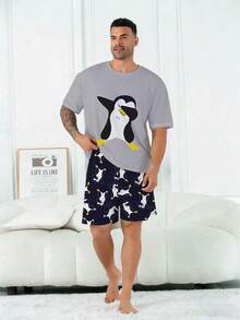 Plus Size Men's Pajama Set | Round Neck Short Sleeve Top And Elastic Waist Casual Shorts 2 Piece Set | Polyester Knit Fabric Soft And Breathable Loose Fit | Cute Penguin Print Casual Design - Multicolor - View 4