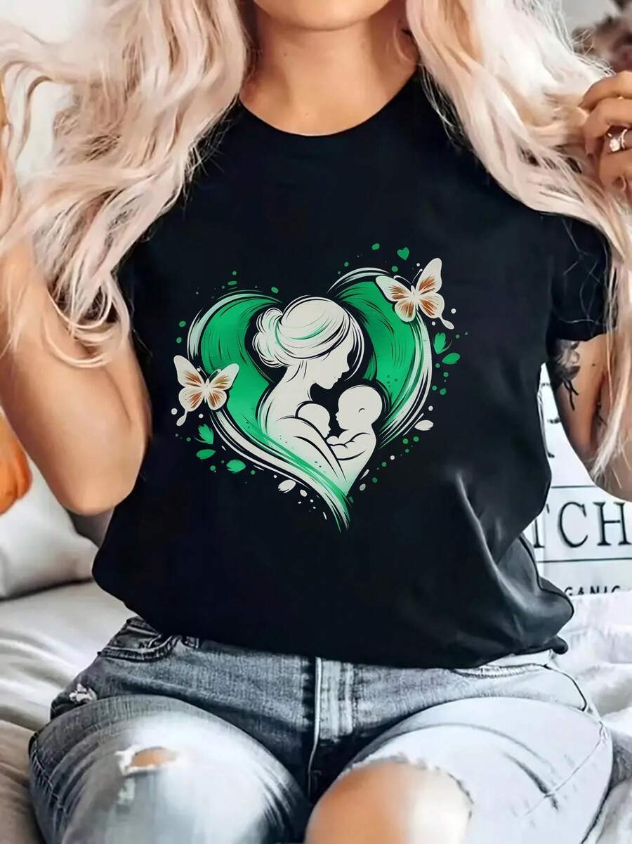 Women's 1pc Printed T-Shirt With A Fun Maosa, Heart, And "Mom And Me" Design. Fashionable Summer Casual Comfortable Soft T-Shirt, Suitable For Daily Outdoor Activities, Fitness, And Breathable Short-Sleeved Crew Neck T-Shirt - 黑色 - 查看 1