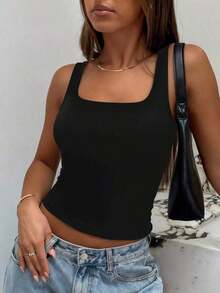 Plus Size Women Ribbed Big U-Neck Back Vest, Solid Color White & Black Sleeveless Tank Top, Slim Fit Basic Underwear For Spring Summer Sports Yoga Daily Wear - Black - View 4