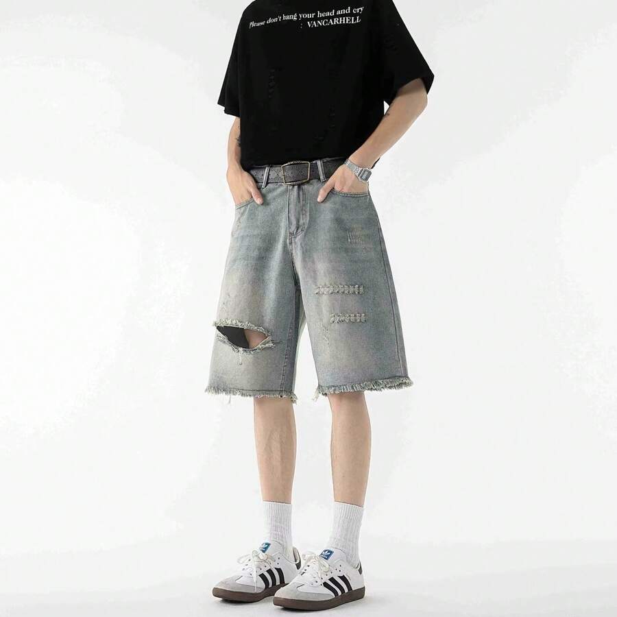 New Men's Denim Shorts Summer Thin American Retro Old Straight Loose Large Size Five Points Casual Brand Ruffian Handsome Jeans Men - Màu xanh nhạt - Xem 1