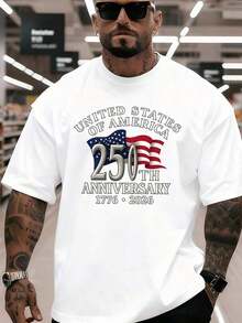 T-Shirt With A Fun And Cool Design For The 250th Anniversary, Casual Style, Modern And Attractive, For Men, 180g, Casual Wear, Loose Fit, T-Shirt With Personality, Aesthetic, Soft Fabric, Breathable Material, Fashionable Clothing, Short Sleeve T-Shirt For Young People, 100% Cotton. - 白色 - 查看 6