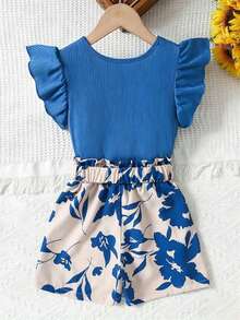 2pcs Girls Summer Fashion Ribbed Top & Printed Shorts Set, Suitable For Outdoor And Daily Wear - Royal Blue - View 8