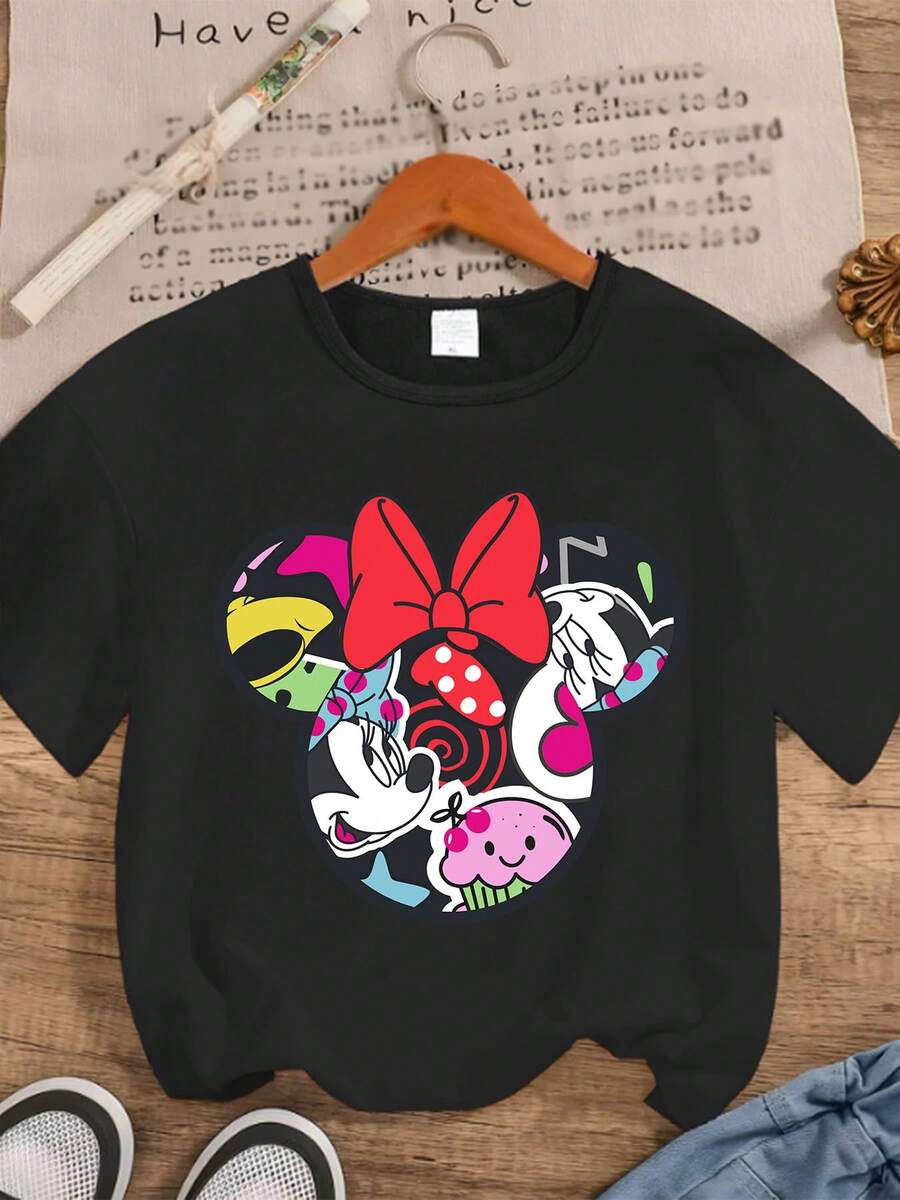 Áo thun ngắn tay in hình chuột Minnie của Disney, chất liệu co giãn nhẹ, không xuyên thấu, dễ giặt ủi, phù hợp mặc hàng ngày. - màu đen - Xem 1