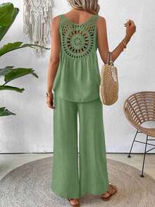 Conjunto de top sin mangas y pantalones de pierna ancha con parte posterior de malla de encaje para mujer, color albaricoque, para primavera/verano - Verde - Ver 5