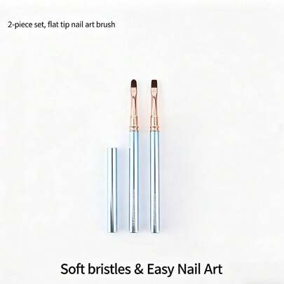 2 Pcs Pink Metal Handle Flat Nail Art Brushes - Professional Gel Polish Brushes For Base Coat, Color Application, Lining & Painting, Durable & Split-Resistant Nail Tools For Salon & Home Use
