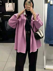 女款休閒純色鈕扣長袖襯衫，優雅女式襯衫，適合春季、秋季與冬季 - 乾枯玫瑰色 - 查看 8