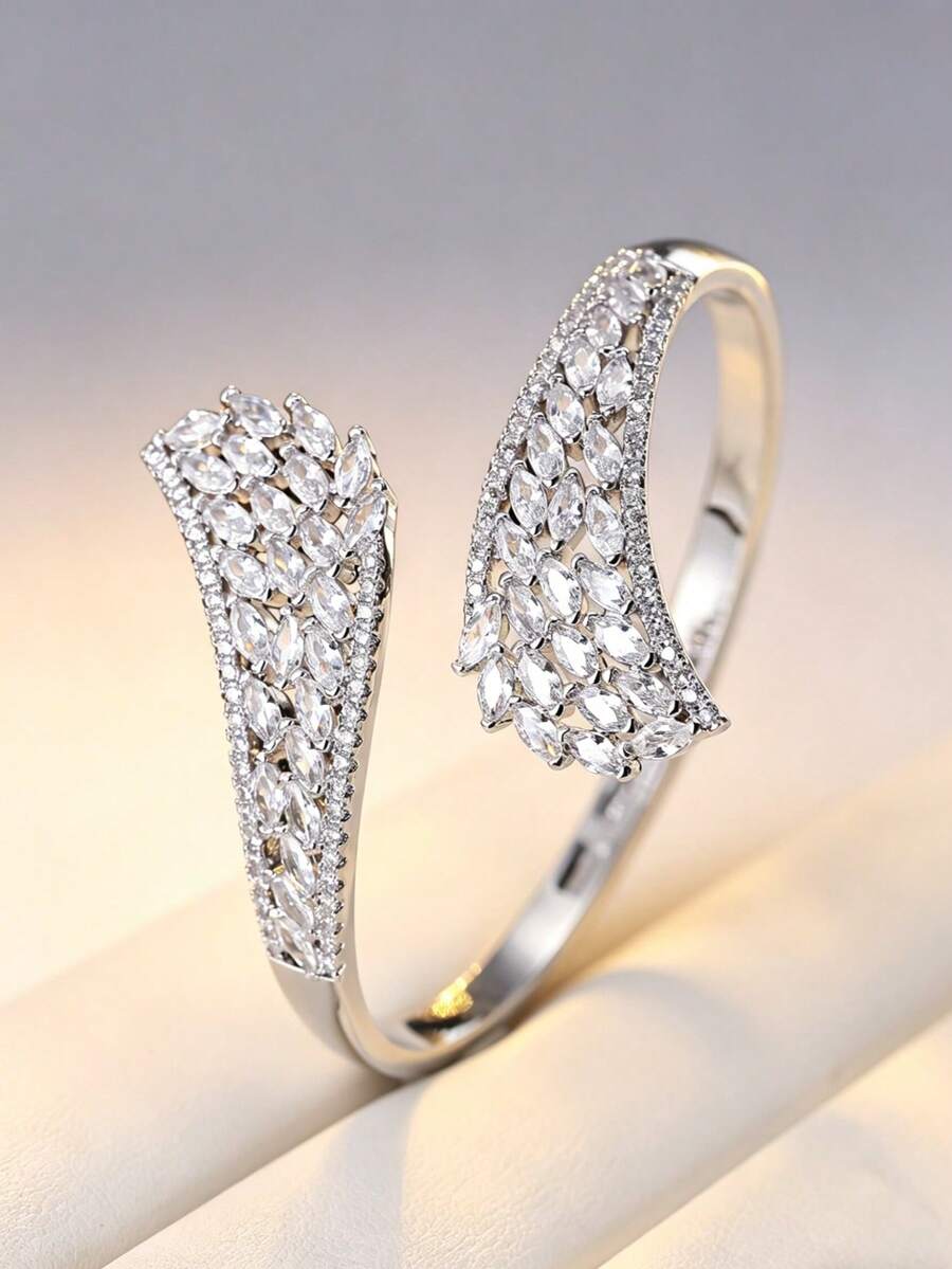 1pc Luxury Zirconia Feather Adjustable Bangle, Elegant Socialite Style Accessory For Wedding And Banquet - Silver-white - View 1