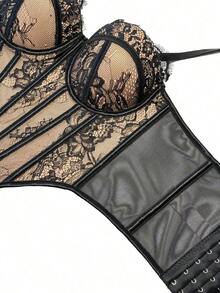 Corsé de encaje negro con adorno floral, prenda moldeadora casual de verano para mujer - Negro 3 - Ver 6