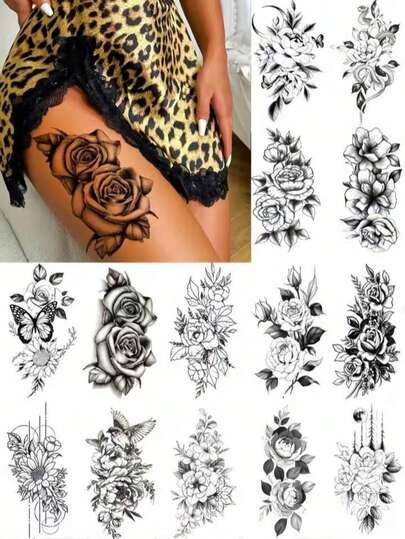 (5 piezas) Pegatinas de tatuaje temporal con diseño floral en boceto negro, tatuaje temporal de cadena floral en boceto negro sexy, resistente al agua, al sudor y a los arañazos, fácil de usar, adecuado para que las mujeres lo usen en fiestas, reuniones y uso diario, se puede aplicar en el abdomen, los muslos, la clavícula, la espalda y otras áreas, opción perfecta para el tatuaje temporal del Día de San Valentín y las citas de las mujeres