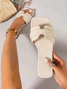 Ximi Ruo New Spring/Summer Fashion Casual Strap Slide Sandals, Comfortable Flat Heel Round Toe Beach Slippers, Versatile Slip-On Sandals For Women - Beige - View 2