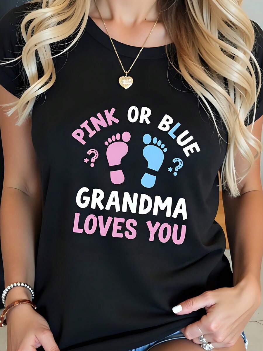 Black High-Quality Printed T-Shirt, Pink Or Blue, "Grandma Loves You" Design, Crew Neck, Short Sleeves, Creative Top, Gender Reveal Party, Plus Size Women's Clothing, Machine Washable, Perfect For Halloween Or Christmas Gifts - 黑色 - 查看 1