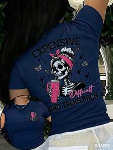 Women's Skull Print T-Shirt - A  Crew Neck T-Shirt With Butterfly And Star Print, Featuring The Slogan "Expensive Talks Back", A Breathable Short Sleeve Casual T-Shirt For Spring And Summer, A Stylish Graphic T-Shirt With A Comfortable Fit. - 藏蓝色 - 查看 9