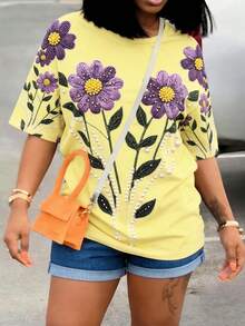 DVSLOE 女款 Y2K 紫色花卉印花短袖 T 恤，淺黃色休閒寬鬆上衣，適合夏季日常通勤、派對、度假與居家穿著 - 黑色 - 查看 4