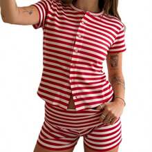 Striped Ribbed Knit Loungewear Set, Short Sleeve Button Top  Shorts Pajama Set - Rojo - Ver 2
