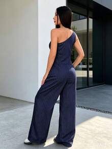 Elegant Women's Set Featuring A Sleeveless Striped Linen Blouse With An Asymmetrical Neckline And Wide-Leg Trousers. A Stylish Two-Piece Set With Front Buttons, Perfect For Autumn Looks. - Royal Blue - View 9