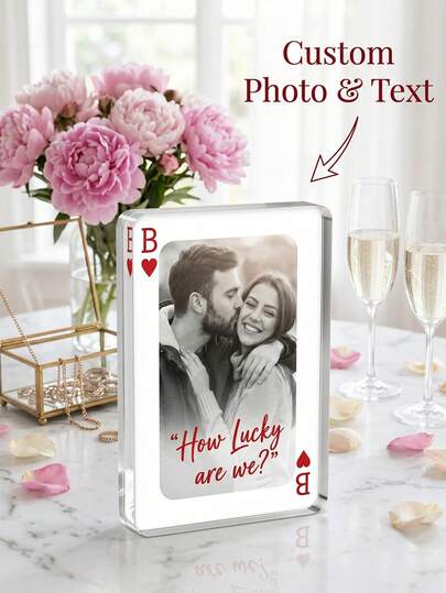 1pc Custom Ace Of Hearts Photo Acrylic Plaque, Personalized Text Couple Wedding Keepsake, "How Lucky Are We" Romantic Gift For Him Her, Valentine's Day/Anniversary Playing Card Desk Ornament, Engagement Party Decor