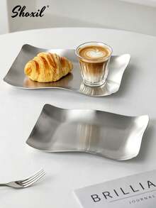 shoxil 1pc Stainless Steel Wavy Tray, Multifunctional Metal Snack Plate, Suitable For Coffee Table, Kitchen Counter, Bathroom Vanity, Can Be Used To Store Jewelry, Cosmetics And Food - Silver - View 3