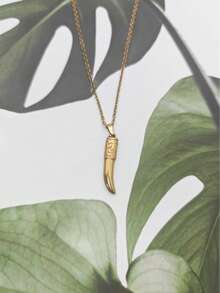 1pc Vintage 18K Gold Plated Stainless Steel Totem Wolf Fang Pendant Necklace, Minimalist Luxury Daily Wear Fashion Accessory For Men - Yellow Gold - View 1