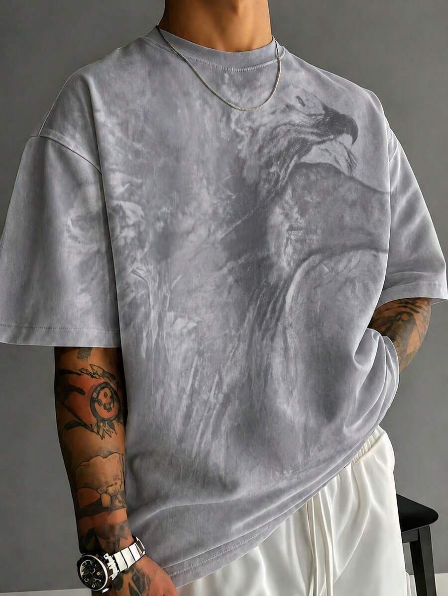Áo thun nam Fractyr in hình đại bàng khắp thân áo, kiểu dáng rộng rãi, nhuộm tie-dye, chất liệu mềm mại, màu xám bạc, phong cách grunge đường phố, lấy cảm hứng từ thiên nhiên hoang dã. - Xám - Xem 1