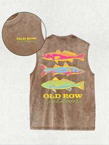 Men's Casual Summer Washed Cotton T-Shirt Old Row Outdoor Fish Print, Round Neck Short Sleeve Lightweight Knitted Fabric, Rib Details 100% Cotton - 卡其色背心 - 查看 10