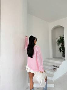 Blusa de manga dolman de cuello redondo de unicolor para vacaciones - Rosa - Ver 6