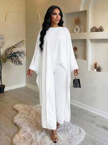 SHEIN Lady Conjunto de 2 piezas de top de manga larga y pantalones con dobladillo asimétrico de unicolor elegante para mujer - Blanco - Ver 6