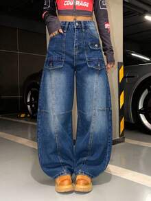Jeans tipo barrel para mujer con diseño de múltiples bolsillos - Azul lavado oscuro - Ver 2