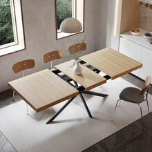 Extendable Rectangular Dining Table In Retro Style, 140-180 Cm, With Hidden Storage, Natural Wood Top And Matching Engraved Center Panel, Ideal For Dining Room, Kitchen And Living Room. Seats 4-6 People (Natural). - 自然色 - 查看 5