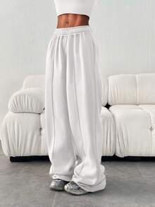 Women's Casual Loose Solid Color Elastic Waist Sweatpants With Pockets White Winter - White - View 6