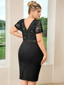 Plus Size Deep V-Neck Sequin Floral Lace Patchwork Bodycon Dress Black Elegant Summer - Black - View 3