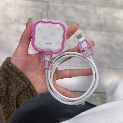 3pcs/Set Charging Cable Protector Case, Pink Bow Pattern, Suitable For 20W UK Standard Apple Fast Charger
