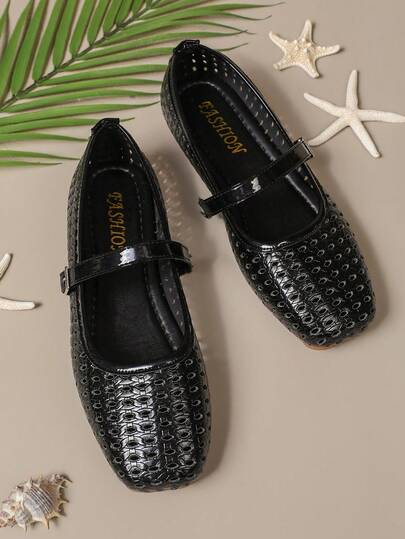 Women's Woven Hollow Out Sandals, Mesh Mary Jane, Hollow Strap Elegant Shoes, New Summer Styles In Black, White, Apricot, Breathable Slip-On Shoes To Pair With Dresses And Shorts