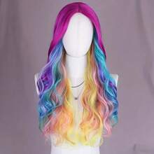 A Rainbow Gradient Long Curly Hair Cosplay Wig, With A Rose Red Gradient To Multiple Colors At The Top, Large Waves And Fluffy And Dreamy Curls, With A Fairy Tale Atmosphere. The Hair Is Smooth And Not Tangled, Making It Eye-Catching To Wear At Comic Shows, Halloween Parties, And Themed Events - 玫紅色 - 查看 1