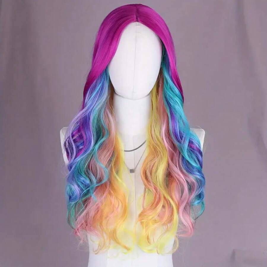 A Rainbow Gradient Long Curly Hair Cosplay Wig, With A Rose Red Gradient To Multiple Colors At The Top, Large Waves And Fluffy And Dreamy Curls, With A Fairy Tale Atmosphere. The Hair Is Smooth And Not Tangled, Making It Eye-Catching To Wear At Comic Shows, Halloween Parties, And Themed Events - 玫紅色 - 查看 1