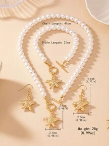 Bộ trang sức 3 món thời trang, thanh lịch, đa năng, tinh tế, đính ngọc trai giả hình sao biển màu vàng, gồm vòng cổ, vòng tay và bông tai, phù hợp cho phụ nữ đeo hàng ngày. - Bộ ba món màu vàng kim - Xem 4